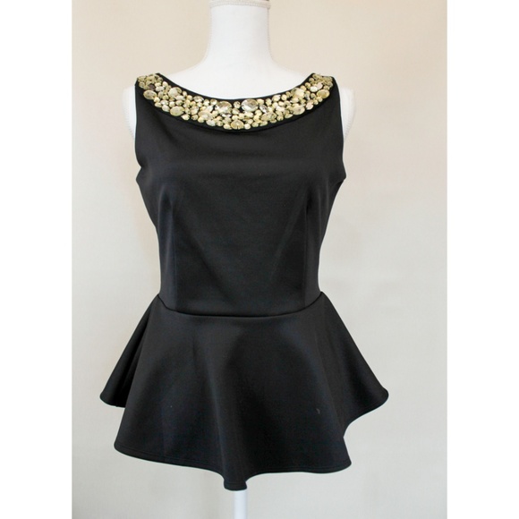 Bisou Bisou Tops - Bisou Bisou Black Beaded Sleeveless Top Peplum SM